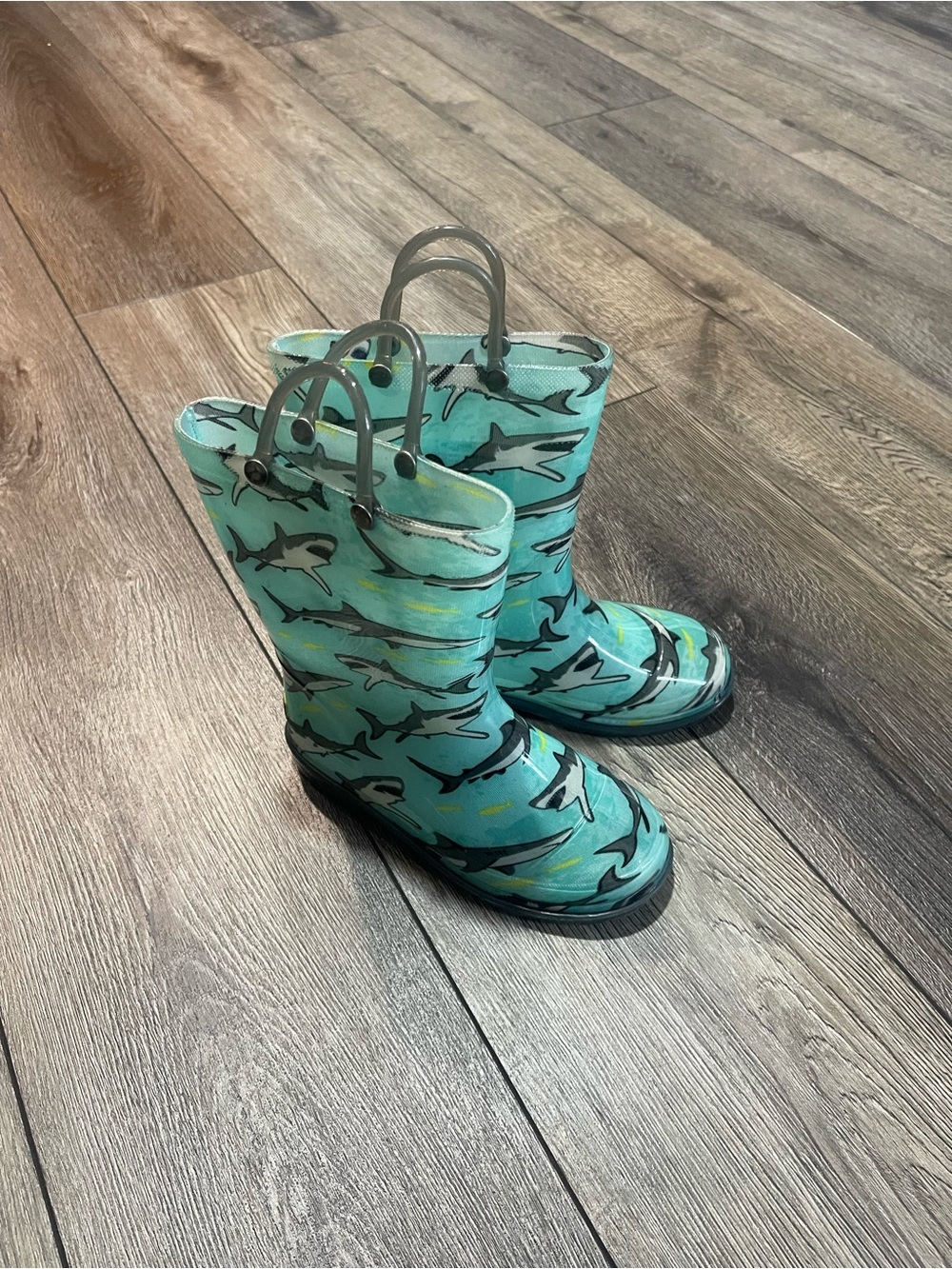 Kids Shark-Print Teal Rain & Snow Boots with Pull Handles
